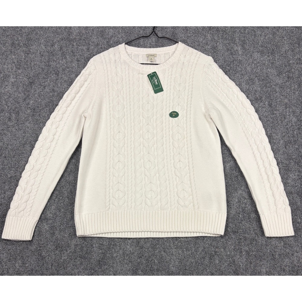 LL Bean Womens Petite Medium Cream White Cable Knit Crew Neck Sweater NWT